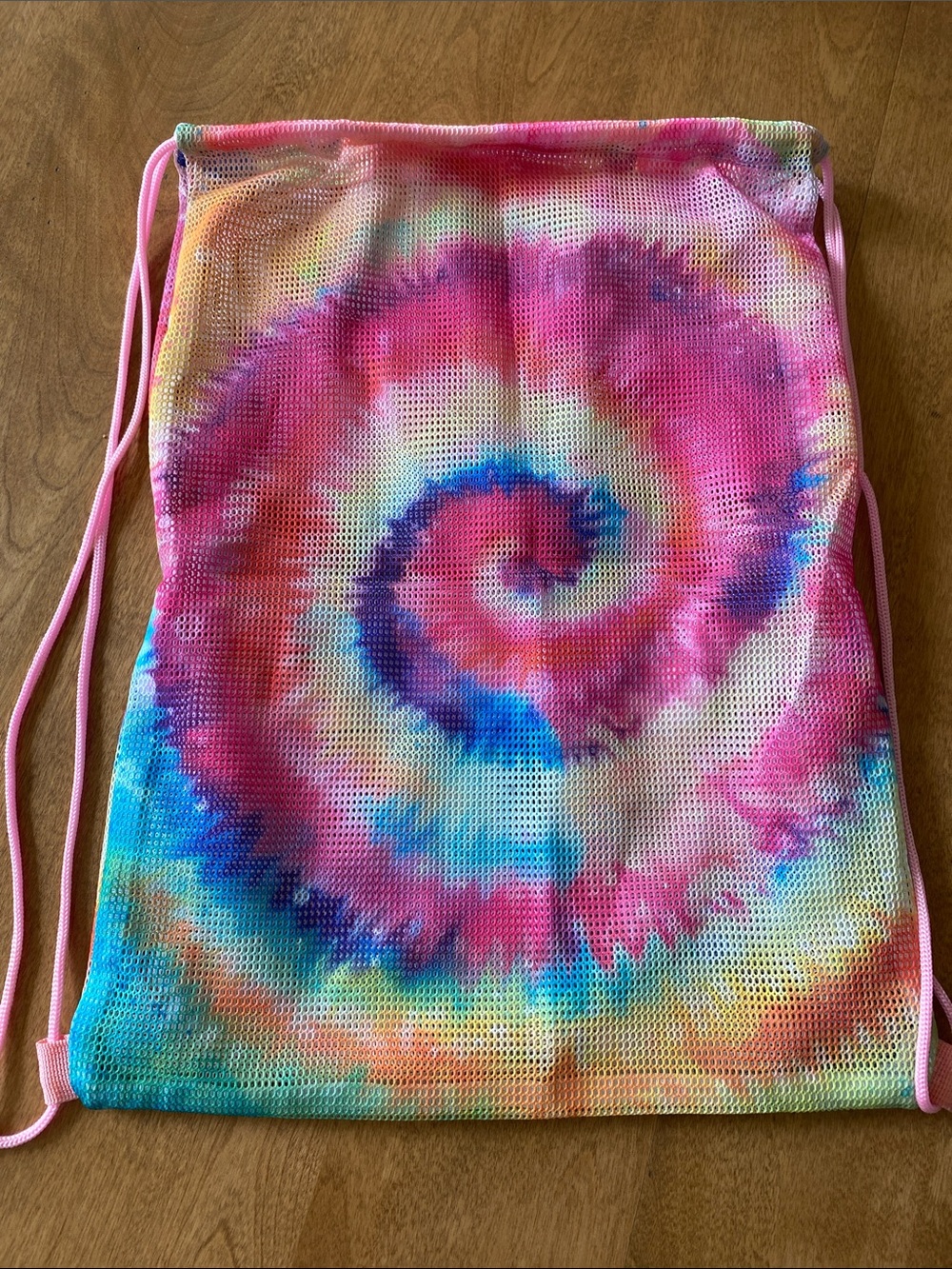 Tie-Dye Pink Multicolor Mesh Drawstring Backpack - Picture 5 of 5